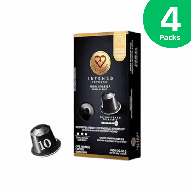 4-Pack 3 Corações Intenso Espresso Coffee Pods - Nespresso Compatible - 4 x 50g (1.76 oz), 10 Capsules