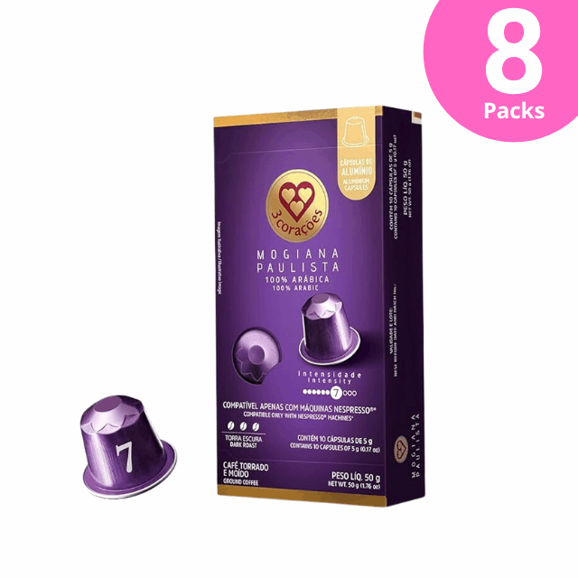 8 Packs 3 Corações Mogiana Paulista Coffee Pods - Nespresso Compatible - 8 x 50g (1.76 oz), 10 Capsules - Arabica Coffee