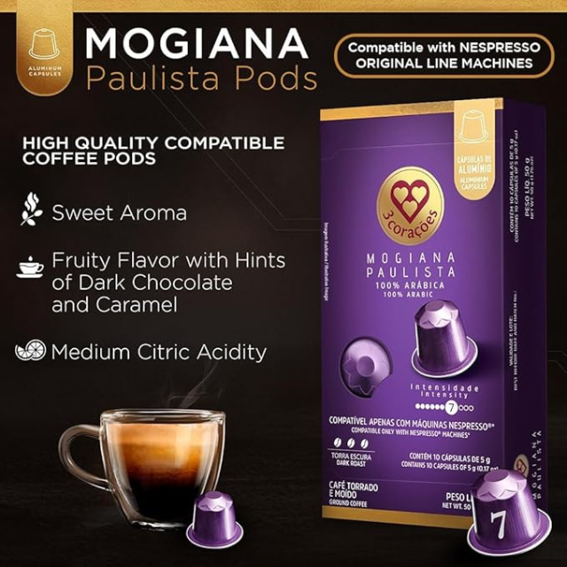 Corações Mogiana Paulista Kaffeepads – Nespresso-kompatibel – 50 g (1,76 oz), 10 Kapseln – Arabica-Kaffee