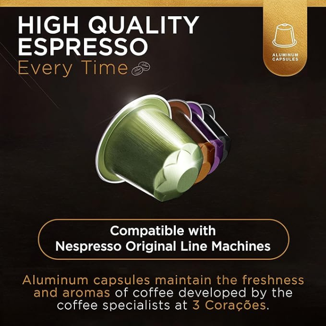 3 Corações Organic Espresso Coffee Pods - Compatible with Nespresso Original Line Machines - 50g (1.76 oz) 10  Capsules- Intensity 5