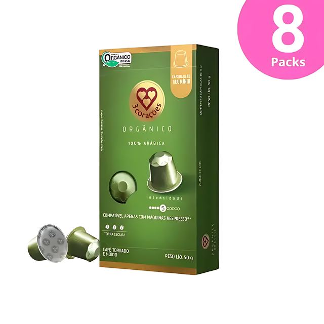 8-Pack 3 Corações Organic Espresso Coffee Pods - Compatible with Nespresso Original Line Machines - 8 x 50g (1.76 oz) 10  Capsules- Intensity 5