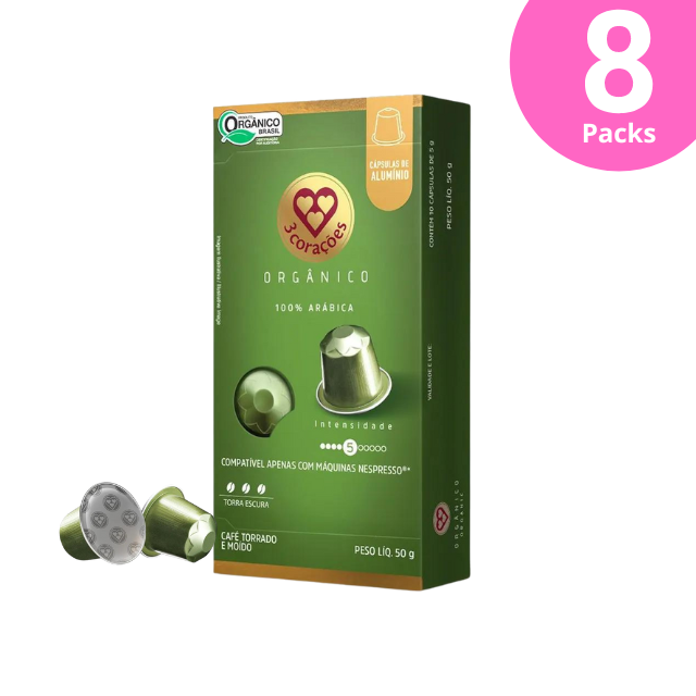 8 paquetes de cápsulas de café espresso orgánico de Corações , compatibles con máquinas de la línea original de Nespresso, 8 x 50 g (1,76 oz), 10 cápsulas, intensidad 5