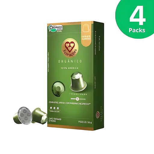 4-Pack 3 Corações Organic Espresso Coffee Pods - Compatible with Nespresso Original Line Machines - 4 x 50g (1.76 oz) 10  Capsules- Intensity 5