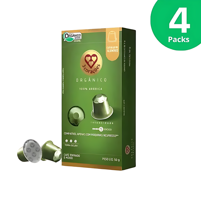 4-Pack 3 Corações Organic Espresso Coffee Pods - Compatible with Nespresso Original Line Machines - 4 x 50g (1.76 oz) 10  Capsules- Intensity 5