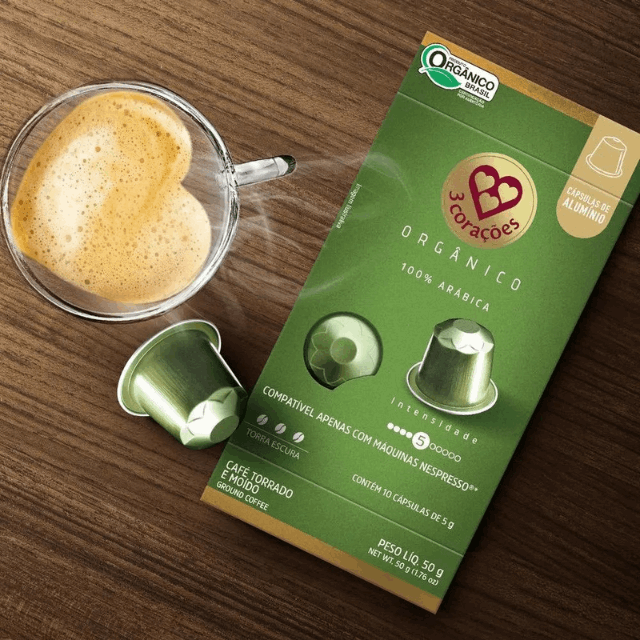 3 Corações Organic Espresso Coffee Pods - Compatible with Nespresso Original Line Machines - 50g (1.76 oz) 10  Capsules- Intensity 5