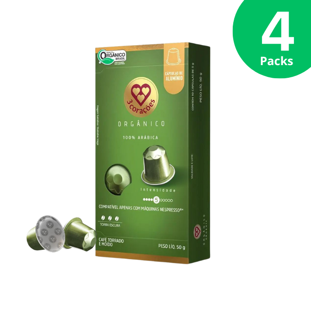 Paquete de 4 cápsulas de café espresso orgánico 3 Corações , compatibles con máquinas de la línea original de Nespresso, 4 cápsulas de 50 g (1,76 oz), 10 cápsulas, intensidad 5