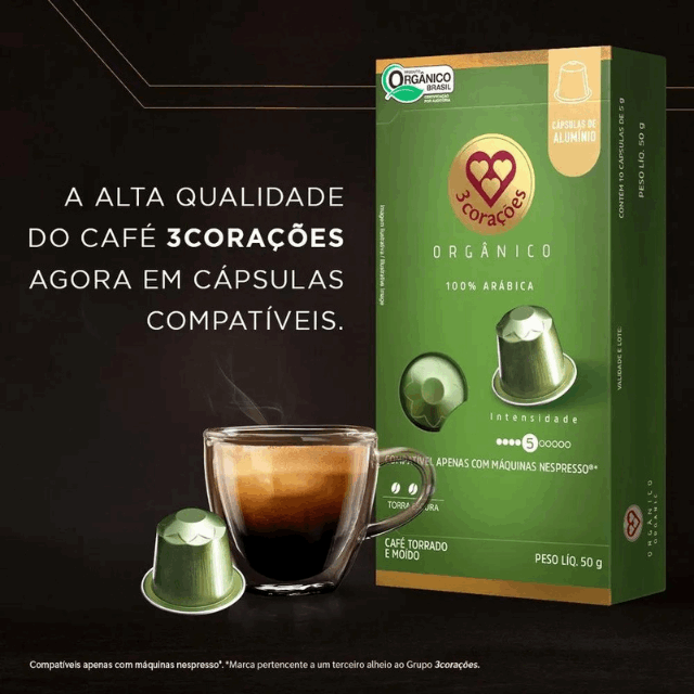 4 Packs 3 Corações Organic Espresso Coffee Pods - Compatible with Nespresso Original Line Machines - 4 x 50g (1.76 oz) 10  Capsules- Intensity 5