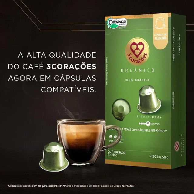 Corações Organic Espresso Coffee Pods - Compatível com Máquinas Nespresso Original Line - 50g (1.76 oz) 10 Cápsulas - Intensidade 5