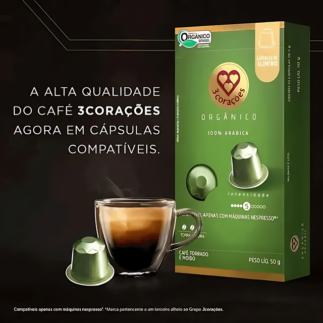 4 Packs 3 Corações Organic Espresso Coffee Pods - Compatible with Nespresso Original Line Machines - 4 x 50g (1.76 oz) 10  Capsules- Intensity 5