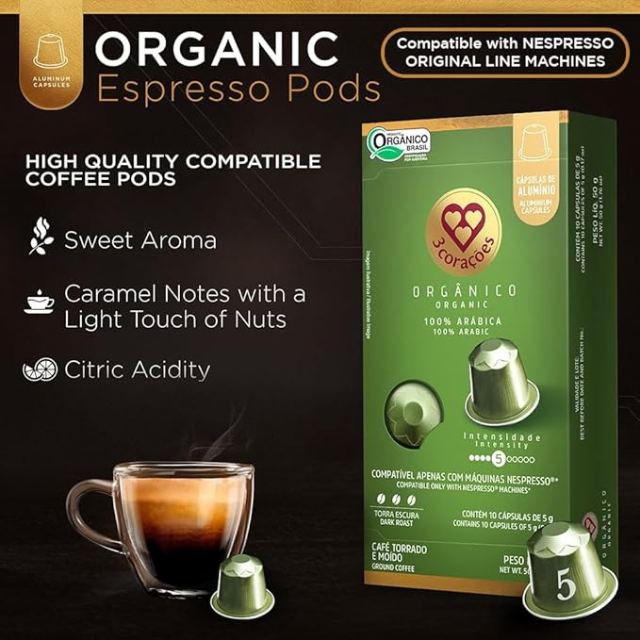 3 Corações Organic Espresso Coffee Pods - Compatible with Nespresso Original Line Machines - 50g (1.76 oz) 10  Capsules- Intensity 5