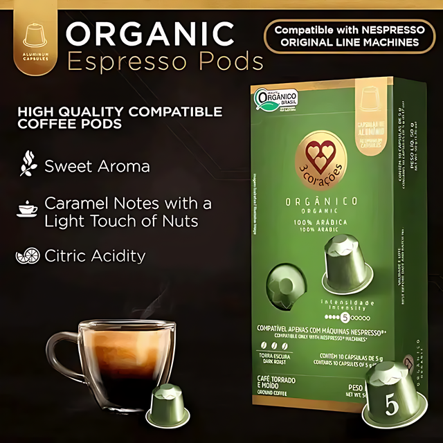 4 Packs 3 Corações Organic Espresso Coffee Pods - Compatible with Nespresso Original Line Machines - 4 x 50g (1.76 oz) 10  Capsules- Intensity 5