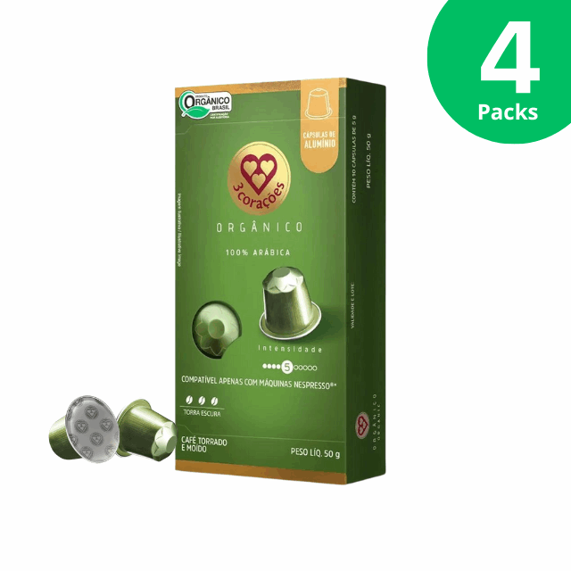 4-Pack 3 Corações Organic Espresso Coffee Pods - Compatible with Nespresso Original Line Machines - 4 x 50g (1.76 oz) 10  Capsules- Intensity 5