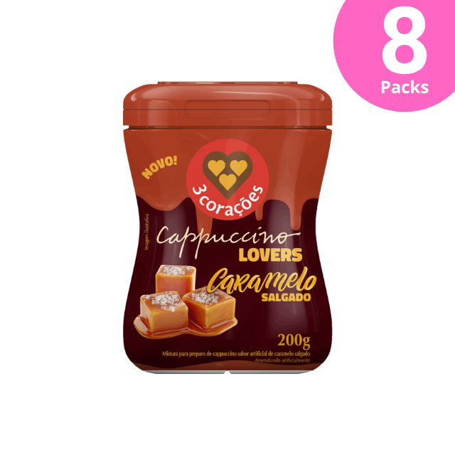 Paquete de 8 mezclas instantáneas de capuchino y caramelo salado 3 Corações - 8 x 200 g (7,05 oz)