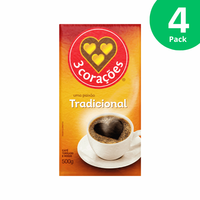 4 Packs 3 Corações Traditional Vacuum-Packed Ground Coffee - 4 x 500g (17.6 oz)