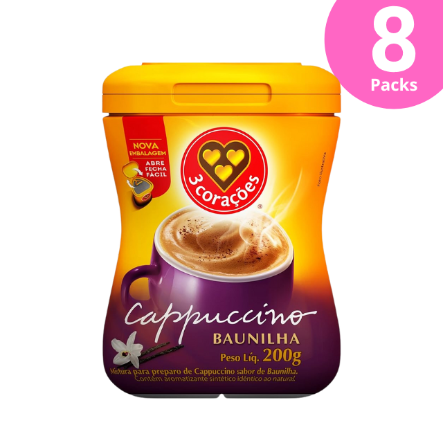 8 paquetes de mezcla de capuchino instantáneo de vainilla Corações - 8 x 200 g (7,05 oz)