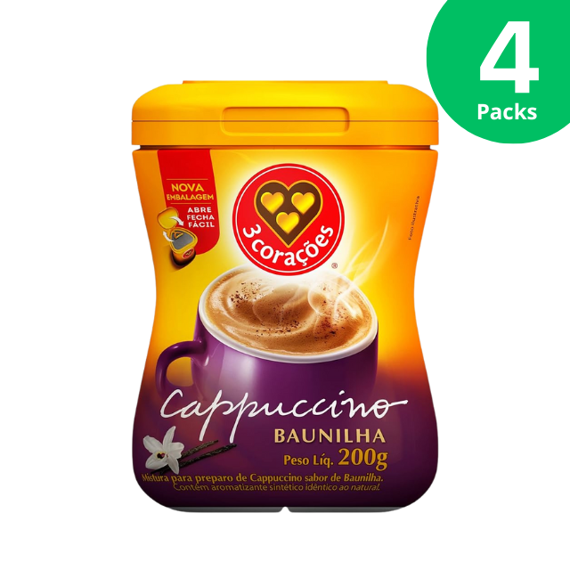 4 Packungen Corações Vanille-Instant-Cappuccino-Mischung – 4 x 200 g (7,05 oz)