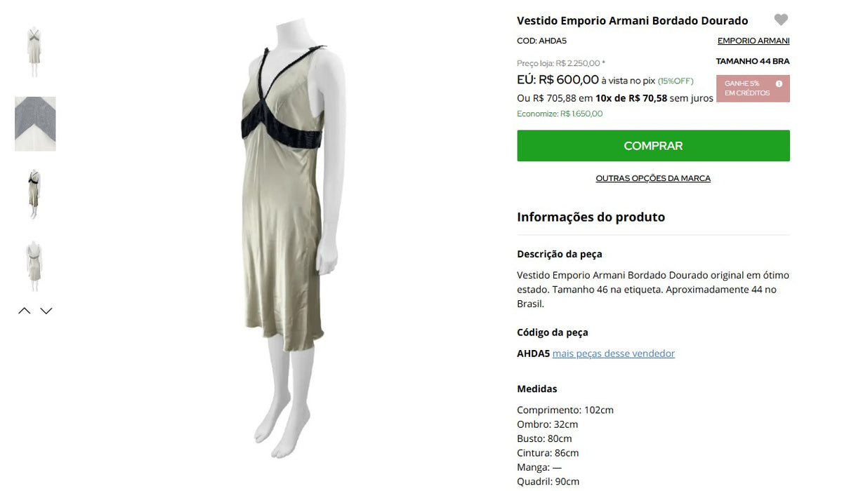 Personal Shopper | Comprar en Brasil -Vestido Emporio Armani Bordado Dourado - 1 artículo - DDP