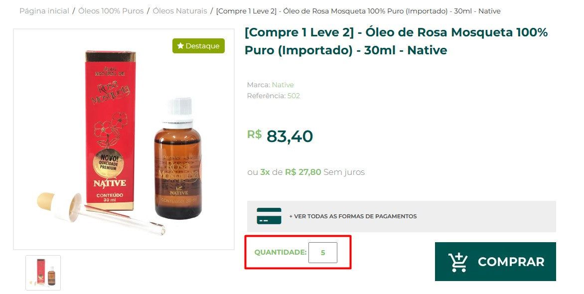 个人客户 | 从巴西购买 - 100% 纯玫瑰果油（进口） - 30ml - 原生 - 10 件 (DDP)