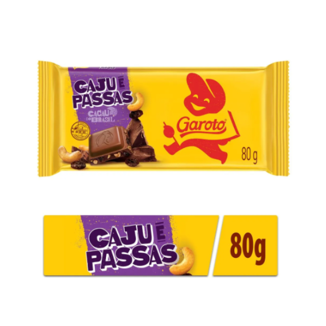 Tableta mléčné čokolády s kešu oříšky a rozinkami 80 g (2,82 oz) GAROTO balení po 4 kusech