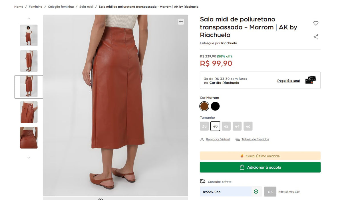 Personal Shopper | Acquista dal Brasile -Saia midi de poliuretano transpassada - Marrom | AK di Riachuelo - 1 unità (DDP)