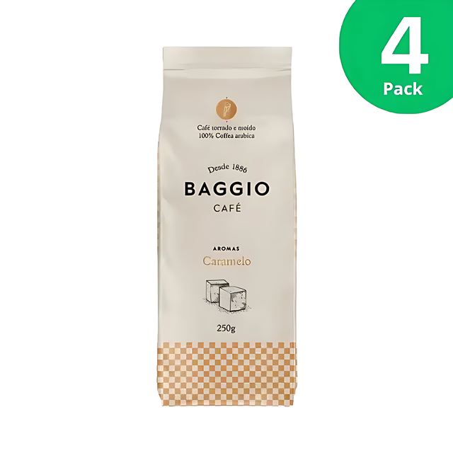 Baggio Café Caramel Specialty Flavored Ground Coffee 4-Pack, 1000g, showcasing bulk value. – Buy now at MKPBR.COM – Worldwide Shipping