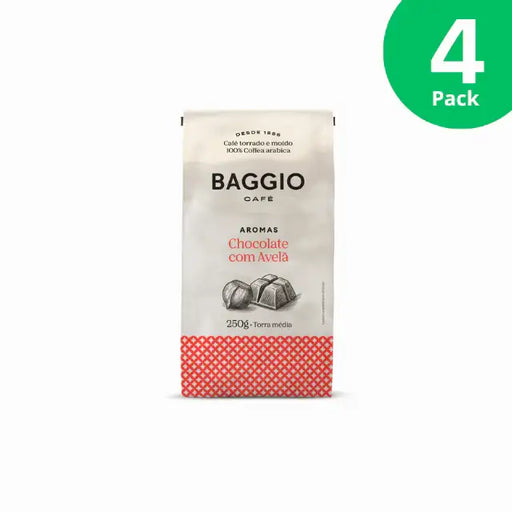 Baggio Café Chocolate Hazelnut Specialty Flavored Ground Coffee 4-Pack, 1000g, showcasing bulk value. – Buy now at MKPBR.COM – Worldwide Shipping
