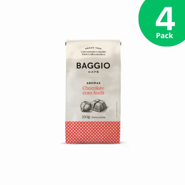 Baggio Café Chocolate Hazelnut Specialty Flavored Ground Coffee 4-Pack, 1000g, showcasing bulk value. – Buy now at MKPBR.COM – Worldwide Shipping
