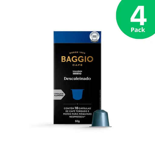 Baggio Café Decaffeinated Nespresso compatible coffee capsules, 4-Pack (40 count), showcasing bulk value. – Buy now at MKPBR.COM – Worldwide Shipping
