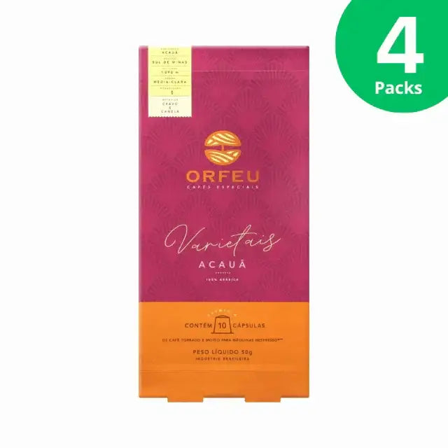 4-Pack Orfeu Acauã Nespresso Compatible Coffee Capsules - A clear image of four pack of Orfeu Acauã Nespresso®* compatible capsules, bundled together, emphasizing value and continuous supply. – Buy now at MKPBR.COM – Worldwide Shipping