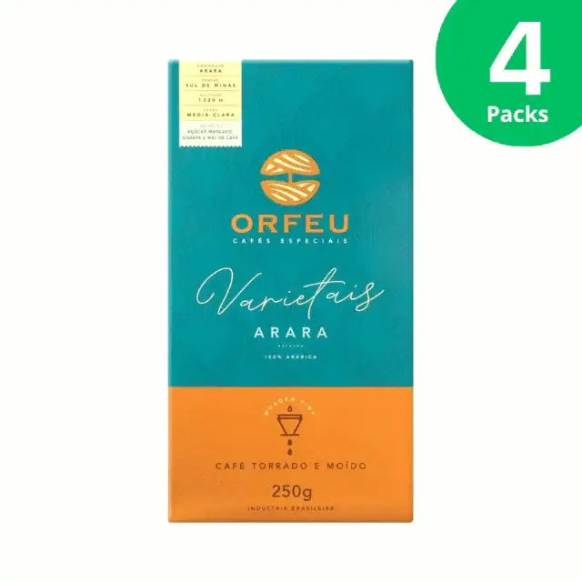 4-Pack Orfeu Arara Ground Coffee – – A clear image of four pack of Orfeu Arara Ground Coffee, emphasizing value and continuous supply. – Buy now at MKPBR.COM – Worldwide Shipping