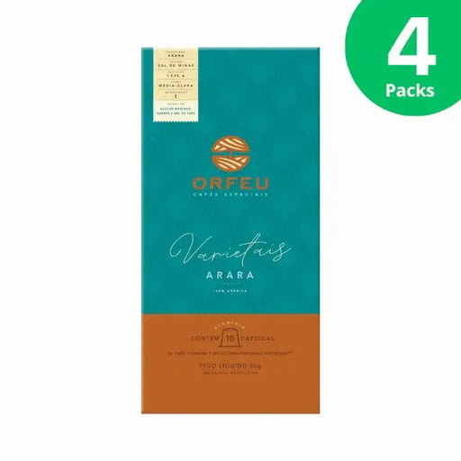 4-Pack Orfeu Arara Nespresso Compatible Coffee Capsules – A clear image of four pack of Orfeu Arara Nespresso®* compatible capsules, bundled together, emphasizing value and continuous supply. – Buy now at MKPBR.COM – Worldwide Shipping