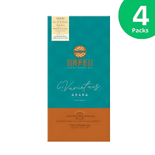 4-Pack Orfeu Arara Nespresso Compatible Coffee Capsules – A clear image of four pack of Orfeu Arara Nespresso®* compatible capsules, bundled together, emphasizing value and continuous supply. – Buy now at MKPBR.COM – Worldwide Shipping