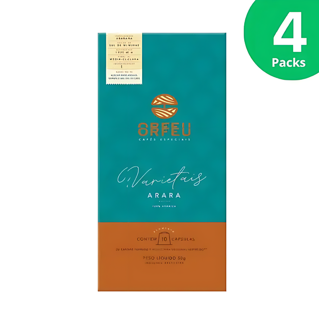 4-Pack Orfeu Arara Nespresso Compatible Coffee Capsules – A clear image of four pack of Orfeu Arara Nespresso®* compatible capsules, bundled together, emphasizing value and continuous supply. – Buy now at MKPBR.COM – Worldwide Shipping