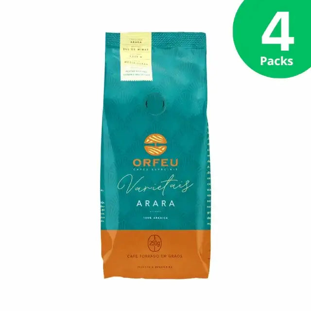 4-Pack Orfeu Arara Whole Bean Coffee – A clear image of four pack of Orfeu Arara Whole Bean Coffee, emphasizing value and continuous supply. – Buy now at MKPBR.COM – Worldwide Shipping
