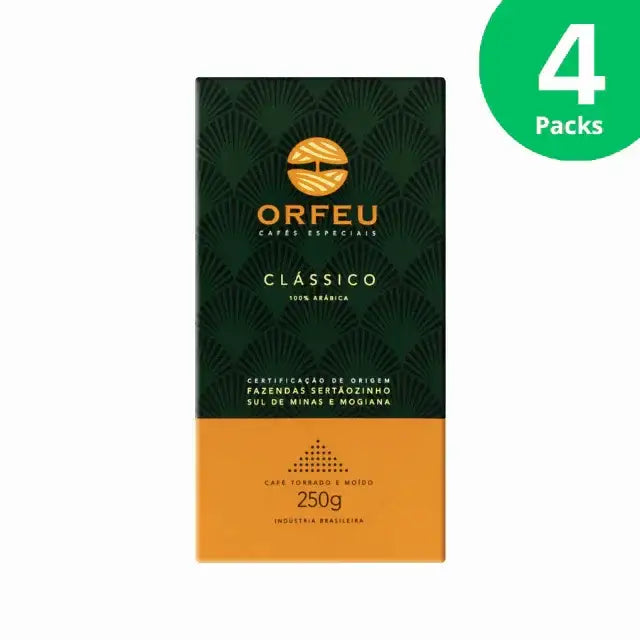 4-Pack Orfeu Classic Ground Coffee – 100% Arabica, Floral, Fruity & Caramel Notes, Medium Roast – 4 x 8.82 oz (250g) – Extended Enjoyment Value – A clear image of four distinct packages of Orfeu Classic Ground Coffee, bundled together, emphasizing the value pack. – Buy now at MKPBR.COM – Worldwide Shipping