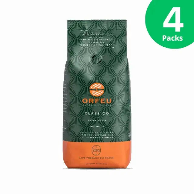 4-Pack Orfeu Classic Whole Bean Coffee 4 x 8.82 oz (250g) – Consistent Freshness – A clear image of Orfeu Classic Whole Bean Coffee, bundled together, emphasizing the value pack. – Buy now at MKPBR.COM – Worldwide Shipping