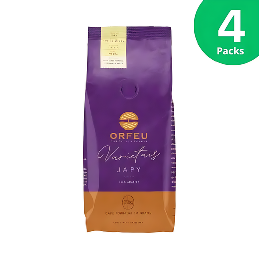 4-Pack Orfeu Japy Whole Bean Coffee – Extended Varietal Enjoyment – A clear image of four pack of Orfeu Japy Whole Bean Coffee, emphasizing value and continuous supply. – Buy now at MKPBR.COM – Worldwide Shipping