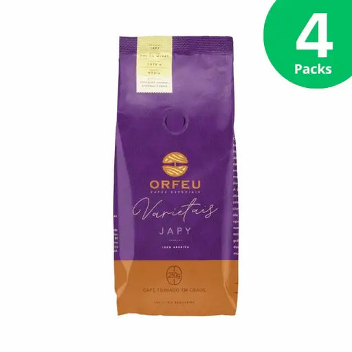 4-Pack Orfeu Japy Whole Bean Coffee – Extended Varietal Enjoyment – A clear image of four pack of Orfeu Japy Whole Bean Coffee, emphasizing value and continuous supply. – Buy now at MKPBR.COM – Worldwide Shipping