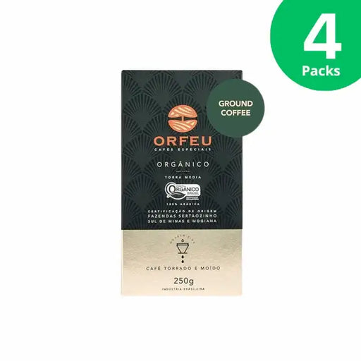 4-Pack Orfeu Organic Whole Bean Coffee – 100% Arabica, Rich Chocolate & Caramel Notes, Medium Roast – 4 x 8.82 oz (250g) – Sustainable Value Pack – A clear image of four distinct packages of Orfeu Organic Whole Bean Coffee, bundled together, emphasizing its organic value. – Buy now at MKPBR.COM – Worldwide Shipping