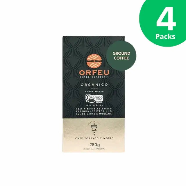 4-Pack Orfeu Organic Whole Bean Coffee – 100% Arabica, Rich Chocolate & Caramel Notes, Medium Roast – 4 x 8.82 oz (250g) – Sustainable Value Pack – A clear image of four distinct packages of Orfeu Organic Whole Bean Coffee, bundled together, emphasizing its organic value. – Buy now at MKPBR.COM – Worldwide Shipping