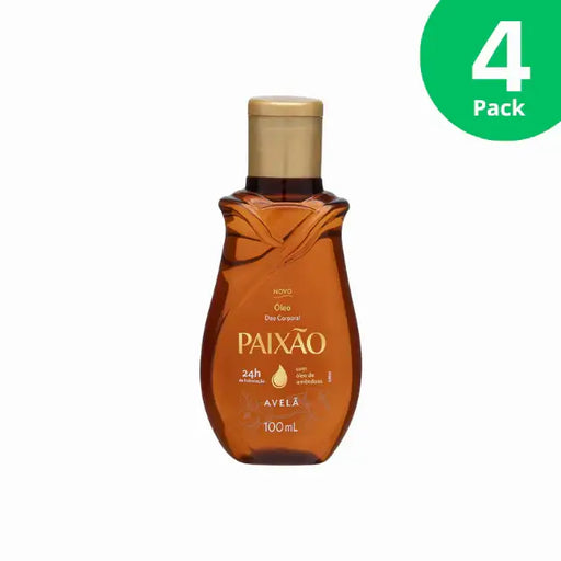 Front view of Paixão Avelã (Hazelnut) deodorant body oil, 3.38 fl oz (100 mL), amber bottle with gold cap. Buy now at MKPBR.COM – Worldwide Shipping