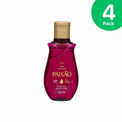 Paixão Flor de Baunilha body oil 100 mL front view on white; label notes 24h hydration and almond oil. Buy now at MKPBR.COM – Worldwide Shipping