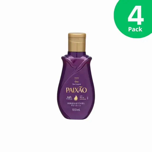 Paixão Irresistível Flor de Lis Body Oil 100 mL, elegant purple bottle with gold cap, front view on a clean background – Buy now at MKPBR.COM – Worldwide Shipping