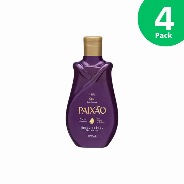 Paixão Irresistível Flor de Lis Body Oil 200 mL, elegant purple bottle with gold cap, front view on a clean background – Buy now at MKPBR.COM – Worldwide Shipping