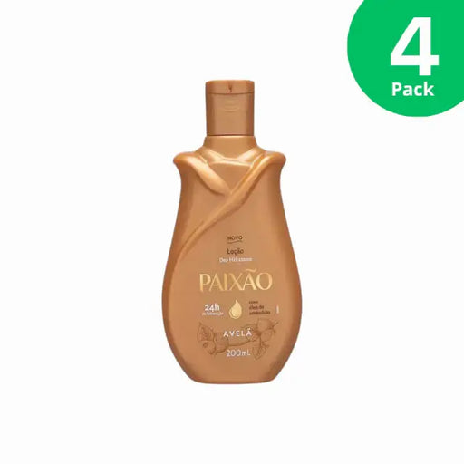  Paixão Avelã Hydrating Body Lotion bottle with almond oil and hazelnut icon, showcasing front label Buy now at MKPBR.COM – Worldwide Shipping