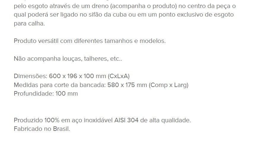 Personal Shopper | Buy from Brazil -Calha Úmida Kitchen Completa Sobrepor Canal Equipado 60 Cm - 1 iten-  DDP