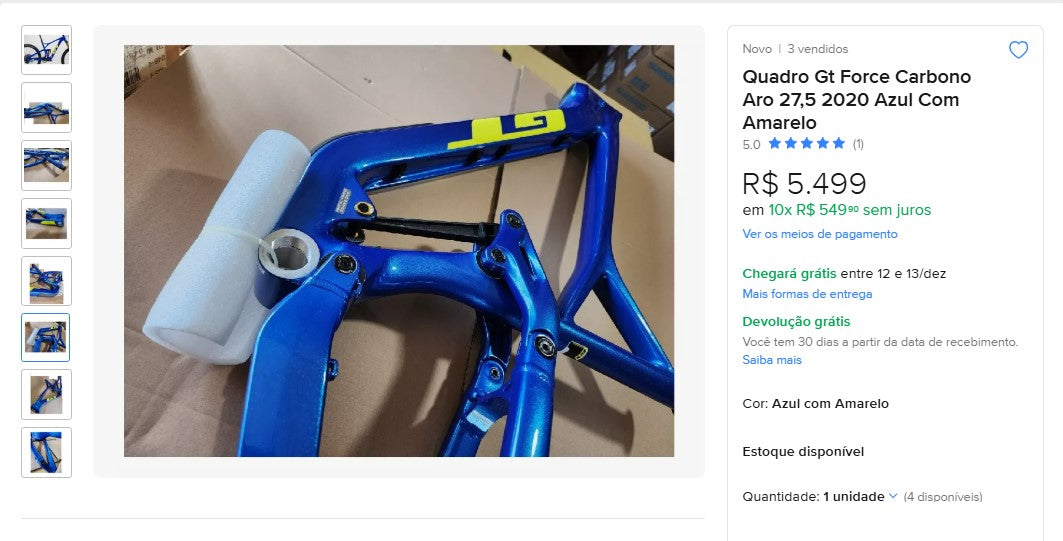 Personal Shopper | Comprar desde Brasil - Quadro Gt Force Carbono Aro 27,5 2020 Azul Con Amarillo - 1 artículo - DDP