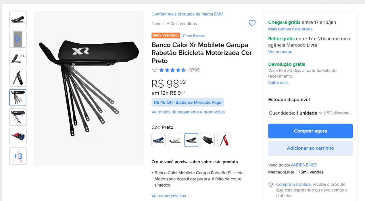 Personal Shopper | Compra desde Brasil - Banco Caloi Xr Mobilete Garupa Rabetão Bicicleta Motorizada Color Negro - DDP