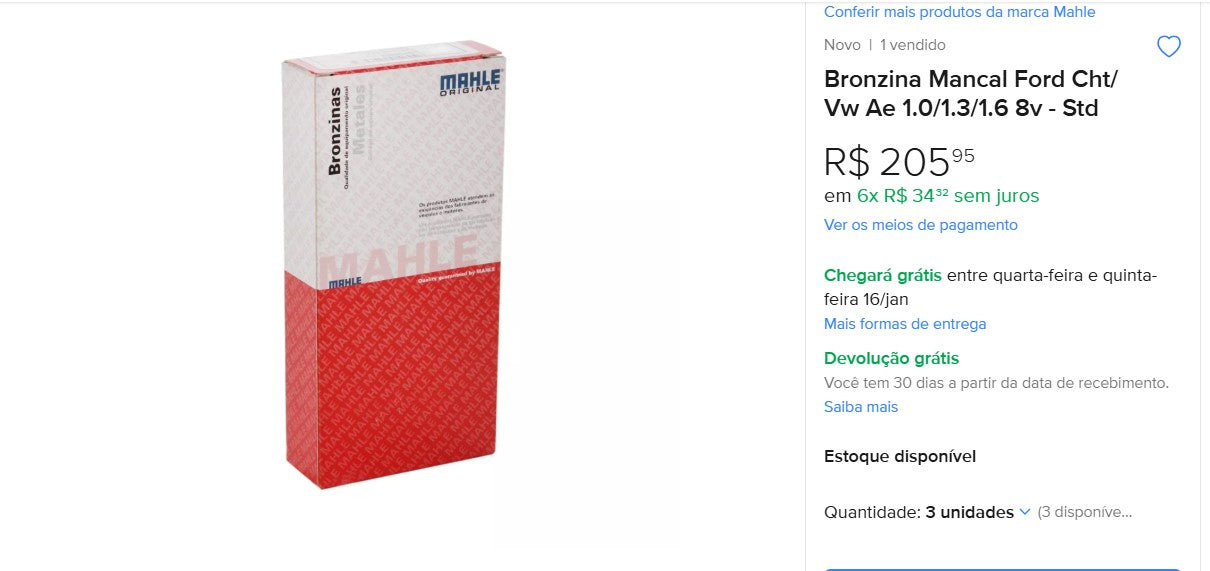 Personal Shopper | Buy from Brazil - ADDITIONAL Bronzina Mancal Ford Cht/ Vw Ae 1.0/1.3/1.6 8v - Std - 6 items (DDP)