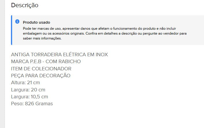 Personal Shopper | Comprar desde Brasil - Antiga Tostadora Eléctrica En Inox - R 3236 (Usado) - 1 unidad (DDP)